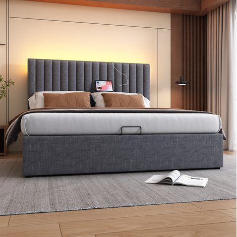 Letto con contenitore in lino grigio 160x200 cm, testiera LED con USB e Type-C, rete a doghe inclusa (1/5)