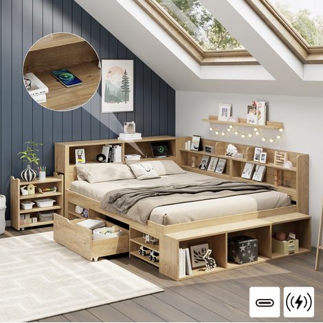 Kinderbett 140/200 cm natur aus Sperrholz mit Stauraum und Regalen (1/5)