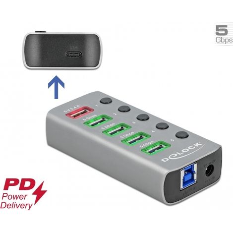 Delock Concentrador USB 3.2 Gen 1 con 4 puertos + 1 puerto de carga rÃ¡pida + 1 puerto USB-Câ¢ PD 3.0 con interruptor e iluminaciÃ³n