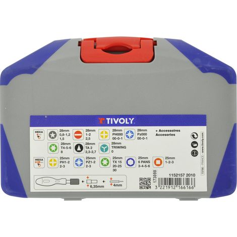Tivoly • Scatola da 46 pz punte esagonali da 6,35 mm e 4 mm + 1 impugnatura di precisione + 1 prolunga + 1 impugnatura a vite (1/2)