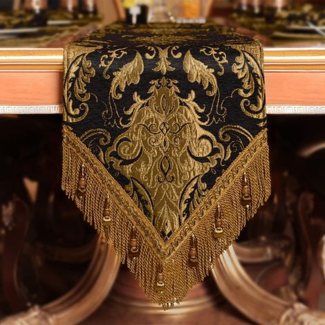 Tischläufer mit Quasten, Jacquard, 33x274cm, Schwarz