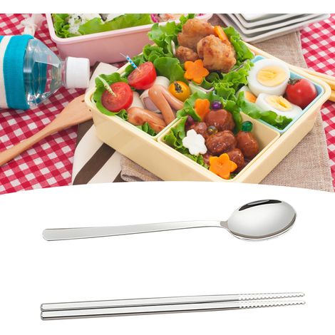 Ensemble cuillère et baguettes avec étui de voyage en acier inoxydable, couleur crème. (1/5)