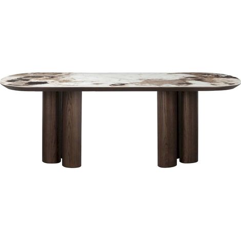 Table à manger élégante finition céramique marron et chêne foncé - Marron effet marbre et bois foncé