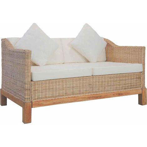 Canapé 2 places en rotin naturel, structure en bois de manguier, coussins crème, 132 x 78 x 71 cm - PANGIVO (1/5)