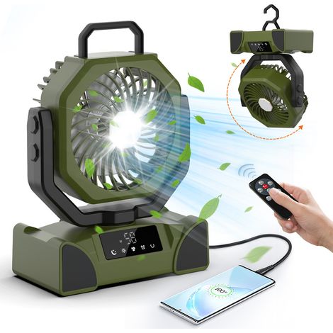 20000mAh Ventilateur de Camping, Ventilateur Portable Rechargeable 5 Vitesses, Ventilateur USB Silencieux avec Lumière LED, Télécommande et Crochet,vert (1/4)