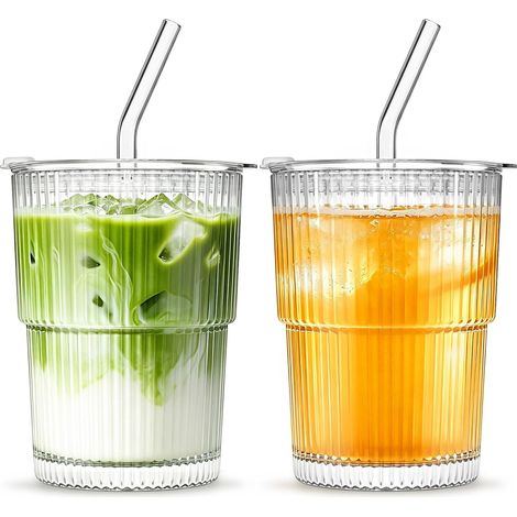 Lot de 2 gobelets en verre côtelé de 380 ml avec couvercle et paille pour café glacé, transparent, étanche et anti-fuite, pour smoothies, latte glacé, matcha et boissons froides (2) (1/5)