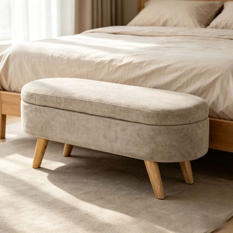 Banquette de rangement 2-en-1 en tissu rembourré pour pied de lit, pieds en bois, banc assise avec espace de stockage pour ranger couvertures, linges et accessoires de chambre (1/5)