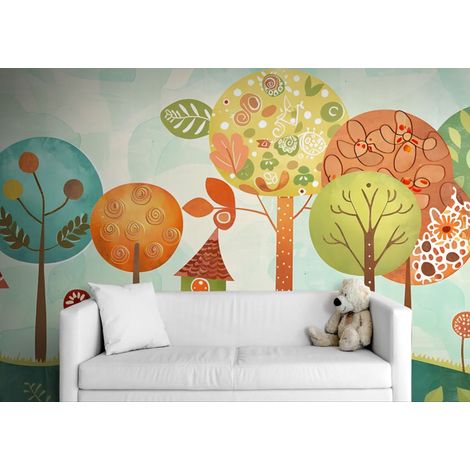 Papier peint Illustration – Arbres ronds colorés et maisonnettes - 150 x 250 cm (1/2)