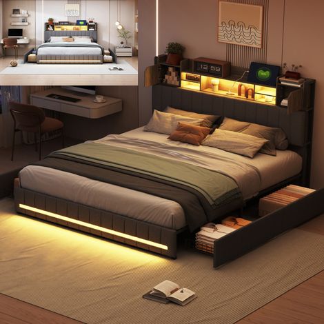Lit coffre 140x200 cm, lit tapissé avec 4 tiroirs, lit double avec éclairage LED et station de charge USB Type-C, tête de lit avec compartiment de rangement, sommier à lattes en bois, pour chambre, ti (1/5)