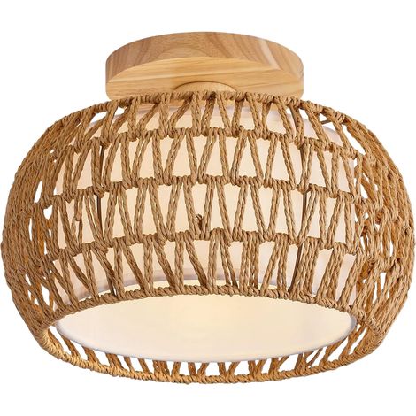 Plafonnier bohème en rotin 31 cm, suspension effet osier, lampe de plafond artisanale pour chambre et entrée(Kaki,Ampoules non incluses) (1/5)