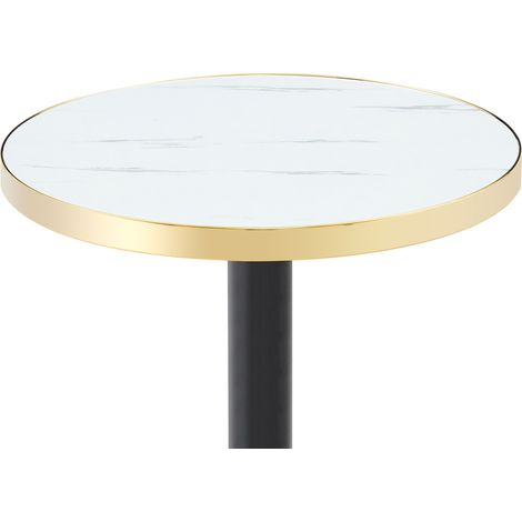 Mesa auxiliar redonda moderna blanca con acabado efecto mármol y borde de acero inoxidable dorado (1/5)