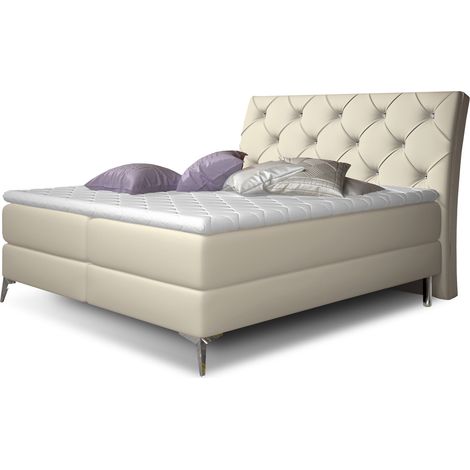 Lit design continental avec tête de lit capitonnée strass simili cuir beige clair Banky-160x200 (1/5)