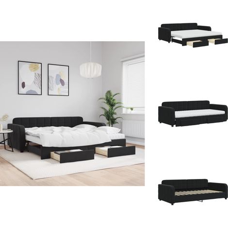 Lit de jour avec gigogne et tiroirs noir 90x200 cm velours - Canapé Convertible - Lit Gigogne - Meuble Multifonctionnel - Lit Invité - Rangements Intégrés (1/5)