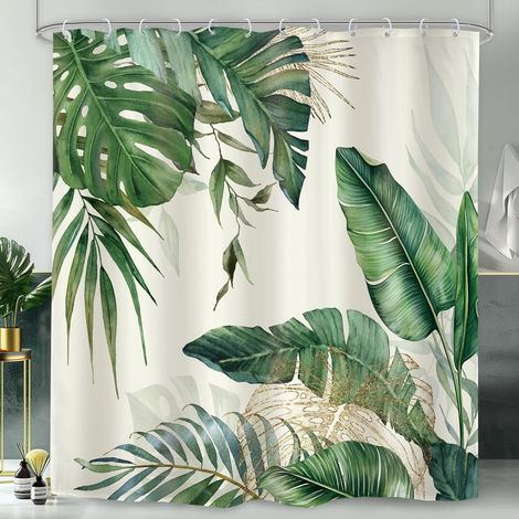 Rideau de douche motif feuilles tropicales, 183 x 183 cm, vert doré, feuille de palmier, banane, monstera, jungle, plante hawaïenne, botanique, nature, avec 12 crochets en plastique, tissu (1/5)