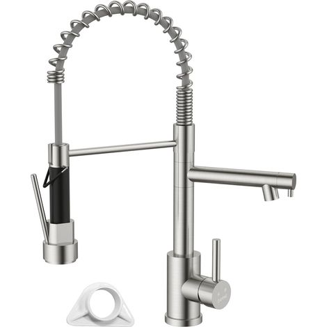 DAYONE Kitchen Sink Mixer Tap with Two Spouts, Spring 360° Swivel Pull Down Kitchen Tap, SUS304 Stainless Steel Commercial Kitchen Sink Tap with 2 Mode, UK Standard Kitchen Faucet, Brushed