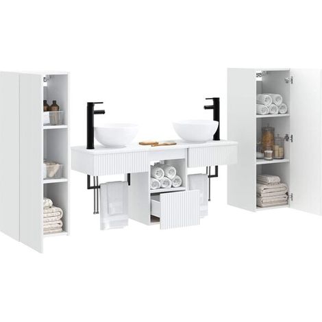 Ensemble de Meubles de Salle de Bain 5 Pièces, Blanc, Armoire avec Lavabo et Miroir, Rangement Moderne pour WC (1/5)
