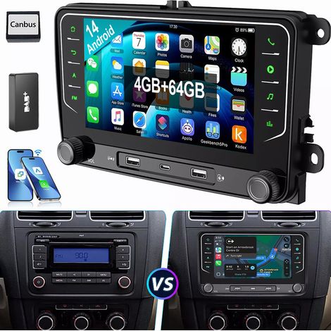 Pour VW Golf 5 6 Touran Passat Tiguan Jetta Polo autoradio Android 14 Carplay GPS 2+64G DAB