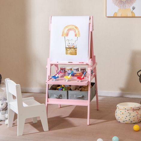 Chevalet enfant double face rose avec tableau blanc magnétique, tableau noir et 2 bacs de rangement pour chambre et salle de jeux (1/5)