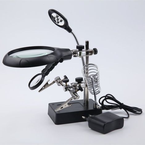 LED allumée 2.5X 7.5X 10X Grossissement Interchangeable Coup de Main Collier de réparation Clip Auxiliaire Alligator Stand Desktop Loupe Verre Grossissant Magnifier