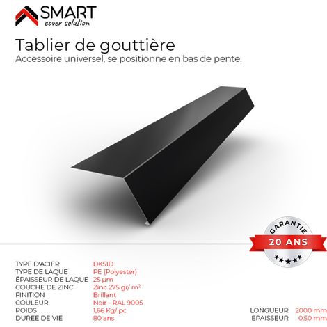 Bravo The Smart Solution – Tablier de gouttière bac acier 2m – Tôle de couverture épaisseur 0.50mm – Coloris noir RAL 9005 – Accessoire universel pour toiture (1/2)