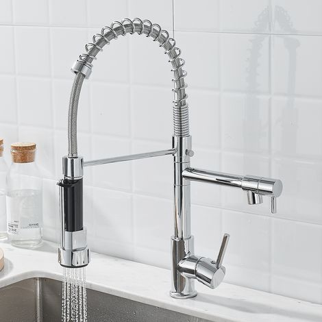 Robinet de cuisine, pulvérisateur à tirette Robinet à ressort, tout en cuivre, eau chaude et froide rotative double mode avec tête de pulvérisation à 2 sorties (jet et pulvérisation) - Galvanoplastie (1/5)
