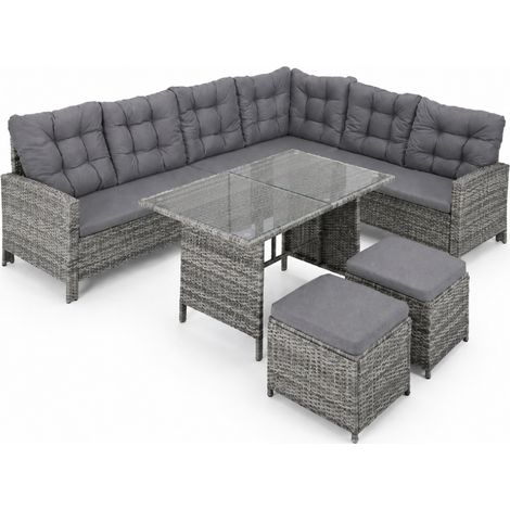 Set Salotto Angolare Per Esterno In Polyrattan Con Tavolino Doppio Ripiano In Vetro Due Pouf E Cuscini Imbottiti Ideale Per Veranda Terrazza Balcone Piscina Grigio (1/5)
