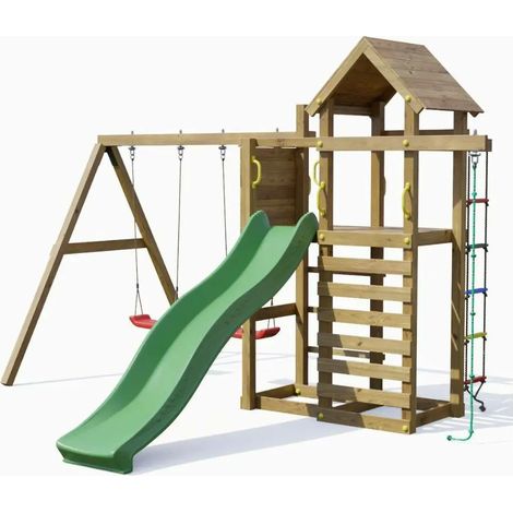 Parco giochi in legno Fungoo Mixter con Scivolo, doppia Altalena e Arrampicata (1/7)
