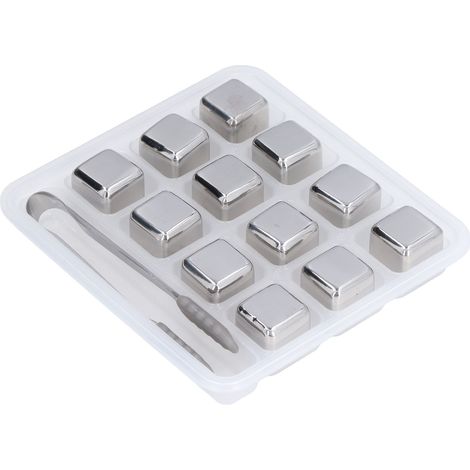 Lot de 12 pierres à whisky avec pince et boîte de rangement, réutilisables, en acier inoxydable, pour boissons, idéal pour un bar à domicile. (1/5)
