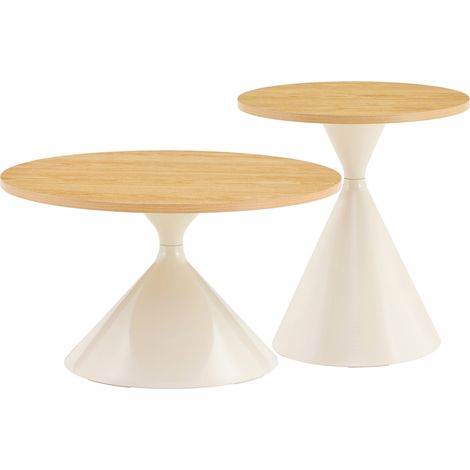 Set de 2 tables basses Sanduhr avec plateau mélaminé effet bois, pieds en métal crème, empilables (1/5)