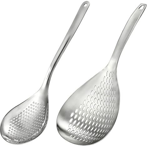 Écumoire, 34 cm, grande louche en acier inoxydable, passoire araignée avec manche et trous de suspension, pelle à friture, passoire de cuisine pour la cuisson, l'égouttage et la friture, 2 pièces (1/5)