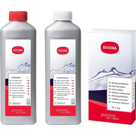Nivona CLEAN³BOX Set de mantenimiento Descalcificador de cafetera + Pastillas de limpieza + Limpiador del sistema de leche (1/2)