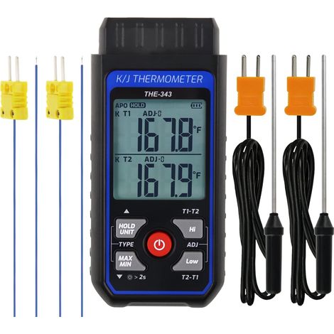 Thermomètre Thermocouple Numérique de type K avec 4 Thermocouples, Plage de Mesure de -2001372℃, Thermomètre HVAC à double Canaux, Jauge de Température avec Compensation ADJ