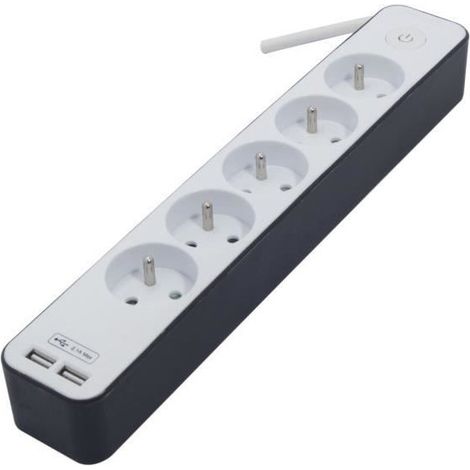 CHACON Bloc multiprise 5 prises 16 A avec 2 ports USB et cable 1,5 m HO5VV-F 3x1,5 mm2 blanc et gris (1/4)