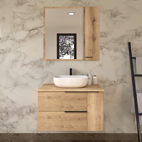 Meuble de salle de bain avec vasque à poser arrondie et miroir armoirette - roble (chêne clair) - KING - 80cm (1/5)