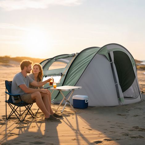 Tienda de Camping Pop-up con Ventanas Bolsillos y Bolsa de Transporte Impermeable Anti-UV 263,5x220x123 cm Verde y Gris (1/5)
