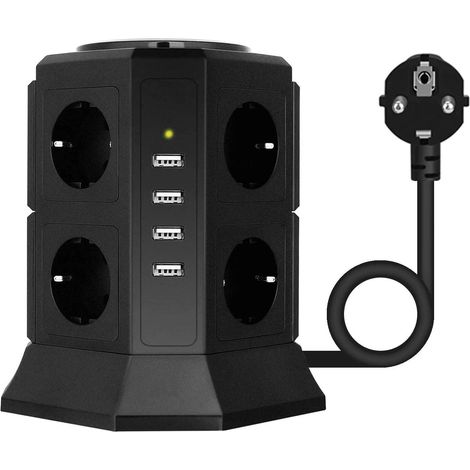 Tour Multiprise 8 Prises 2500W/10A avec 4 Ports USB - Protection Contre Surtensions - Noir (1/5)