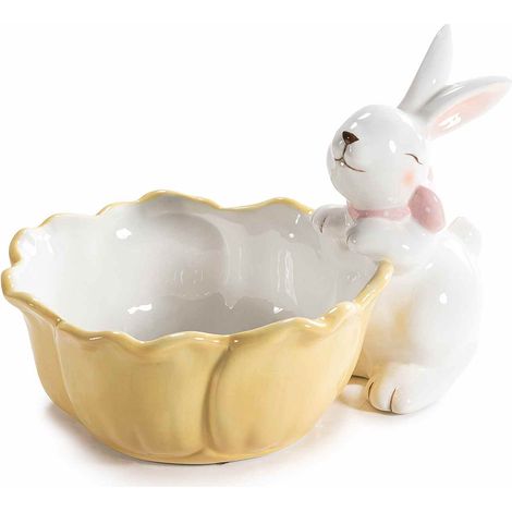 Contenitori a cestino / fruttiera in ceramica colorata a forma di fiore con coniglio laterale, set da 2 pezzi, cm 16,5 x 22 x 15 H