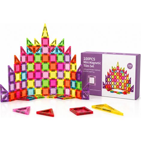 Jeu de construction magnétique enfant XC-A24, 100 pièces, tuiles colorées mini, carrés et triangles, jeu créatif maison (1/5)