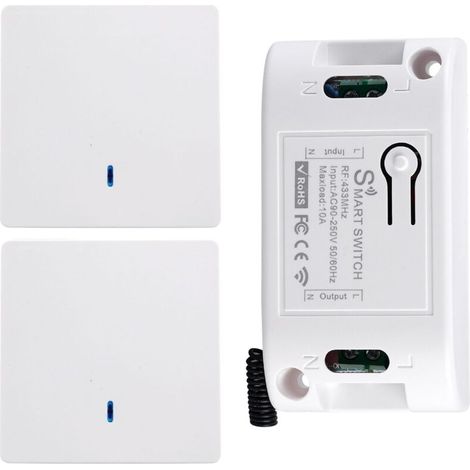 Lot de 2 interrupteurs sans fil - 433 MHz - 10 A - 220 V - Avec récepteur - Sans pile - Pour lampe intérieure et extérieure (2 interrupteurs avec 1 récepteur) (1/5)