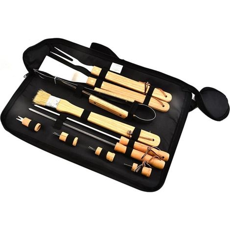 Ensemble de 10 accessoires pour barbecue, comprenant un kit de grillade, un sac de transport avec poignée en bois et des ustensiles de barbecue. - AquaForge (1/5)