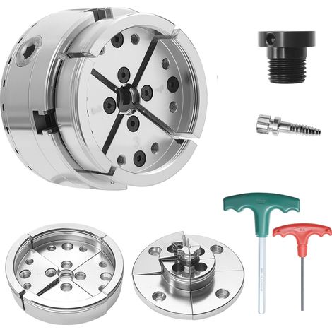 Mophorn 4-Zoll-Drechselfutter mit 4-Backen-Zentrierfutter, 1-Zoll x 8-TPI-Gewinde & Adapter, ausgestattet mit Rund- und Stufenbacken, Stahl mit vernickelter Oberfläche, ideal für Drechselarbeiten (1/5)