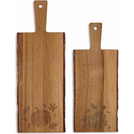 Taglieri autunnali in legno di acacia con bordo in corteccia, con disegni incisi, Grande: cm 15,5 x 42 H