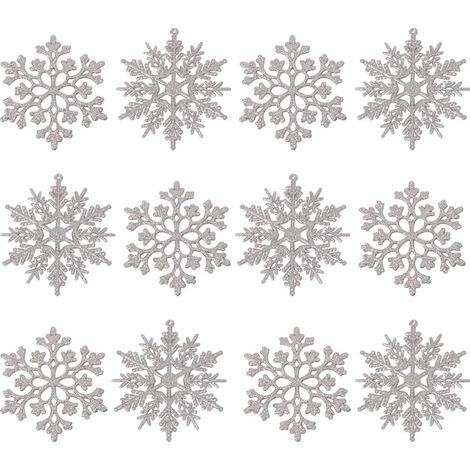 36 adornos de copos de nieve de plástico con purpurina, brillantes adornos iridiscentes plateados para el árbol de Navidad, ideales para decorar, hacer manualidades y para Navidad. 10 cm (4 pulgadas)