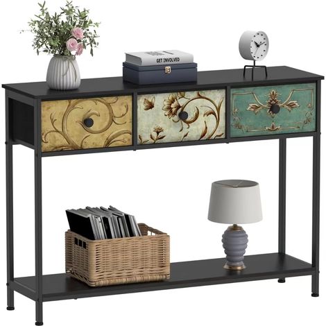 Table console avec 3 tiroirs en tissu, table de couloir avec compartiments de rangement ouverts, table d'entrée, table de canapé pour couloir, salon, chambre à coucher, cadre en bois et métal (1/5)