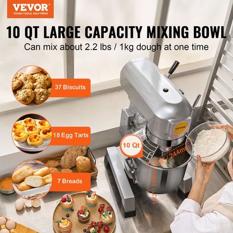 Robot Pâtissier Commercial 10 L, Batteur sur Socle avec 3 Vitesses Réglables, Mixeur à Pâte 550 W avec Bol en Inox et 3 Accessoires… (1/5)