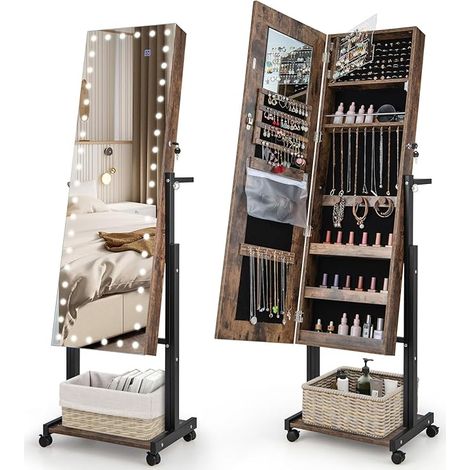 Lockable Jewelry Armoire Organizer w/ 3-Color Dimmable LED Full-Length Mirror (1/5)