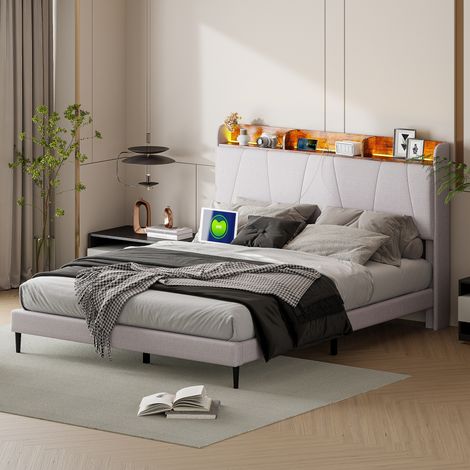 Letto matrimoniale 160x200cm, lenzuola, struttura letto con testiera contenitore con 2 USB / 1tpcy-c, illuminazione LED, rete a doghe, letto imbottito per adulti - Grigio (1/5)