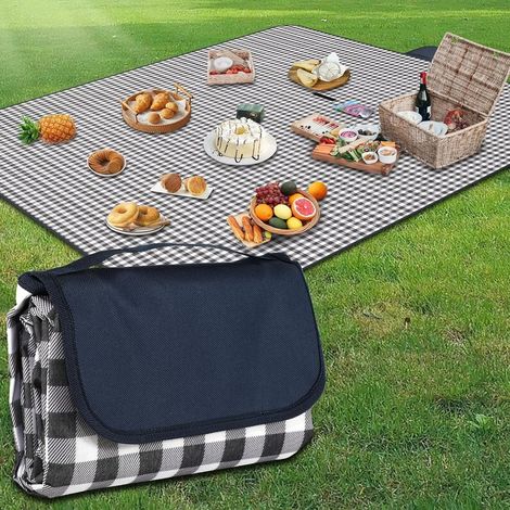 Große Picknickdecke, 200 x 300 cm, mit Griff, wasserdichter Unterseite, maschinenwaschbar, faltbare Wanderdecke, weich und tragbar (blaues Karomuster) (1/5)