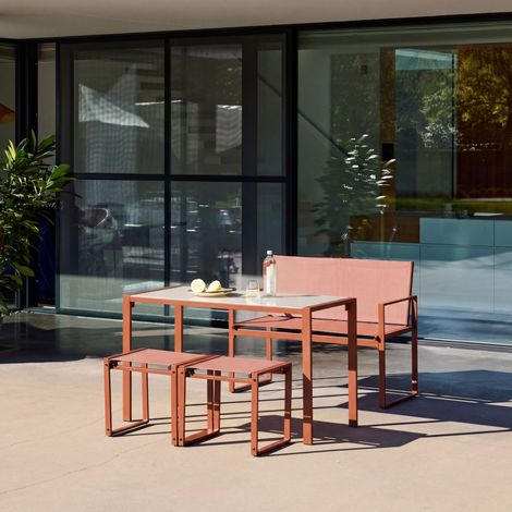 Table de jardin encastrable acier et textilène + 4 assises terracotta 125cm - Tavena
