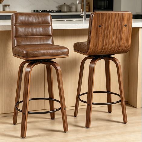 Tabouret de bar pivotant 48x40x90 cm en bois et simili cuir brun, style moderne FloraGrace (1/5)